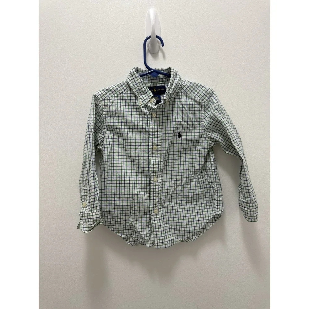 Ralph Lauren Toddler Boys Plaid Button Down Shirt White Blue Green Size 3T
